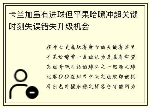 卡兰加虽有进球但平果哈嘹冲超关键时刻失误错失升级机会 卡兰加虽有进球但平果哈嘹冲超关键时刻失误错失升级机会