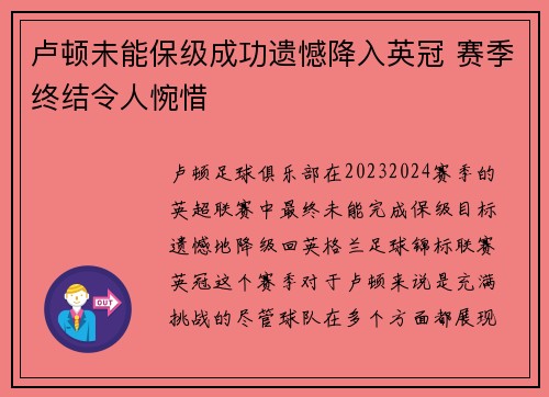 卢顿未能保级成功遗憾降入英冠 赛季终结令人惋惜 卢顿未能保级成功遗憾降入英冠 赛季终结令人惋惜