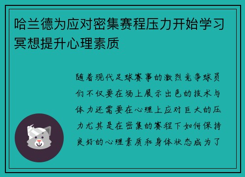 哈兰德为应对密集赛程压力开始学习冥想提升心理素质 哈兰德为应对密集赛程压力开始学习冥想提升心理素质