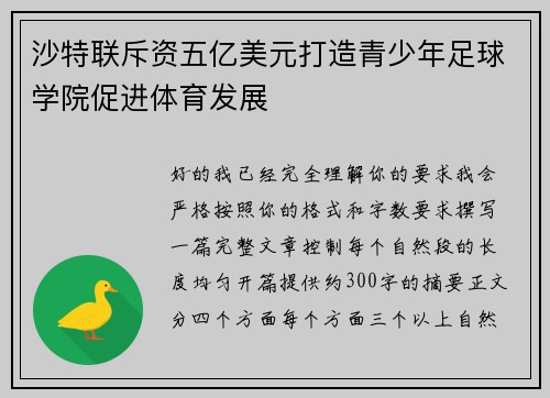 沙特联斥资五亿美元打造青少年足球学院促进体育发展 沙特联斥资五亿美元打造青少年足球学院促进体育发展