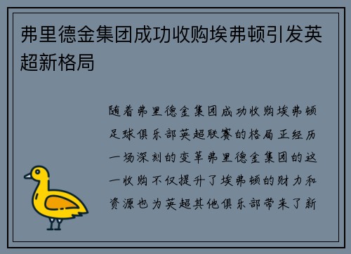弗里德金集团成功收购埃弗顿引发英超新格局